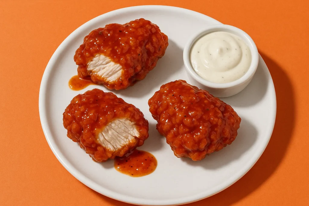Popeyes Louisiana Garlic Boneless Wings cut open, served with ranch dipping sauce.