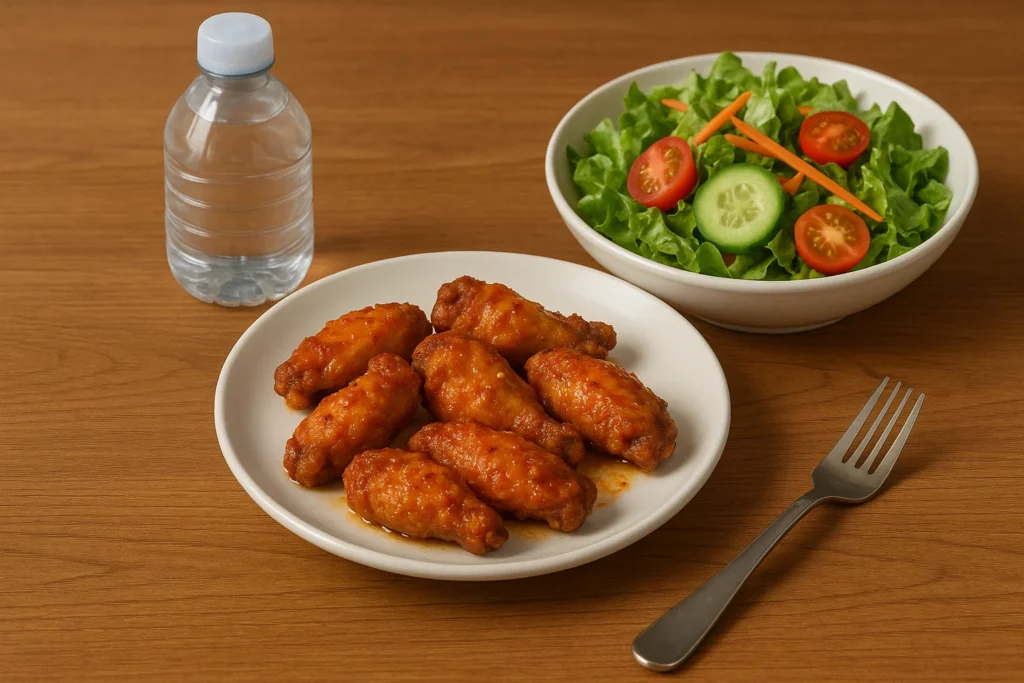 A balanced meal with a small portion of Popeyes Louisiana Garlic Wings, a side salad, and water.