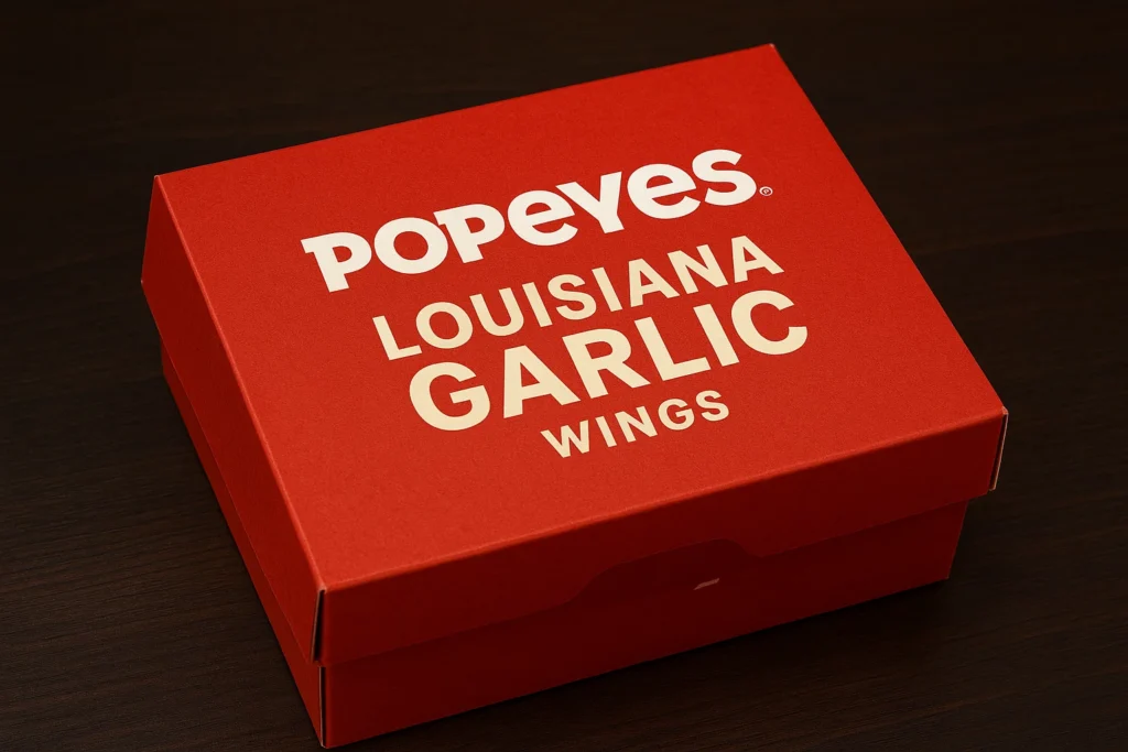 Official closed red box for Popeyes Louisiana Garlic Wings.