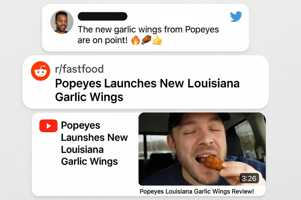 Collage of social media reactions and reviews for Popeyes new Louisiana Garlic Wings.