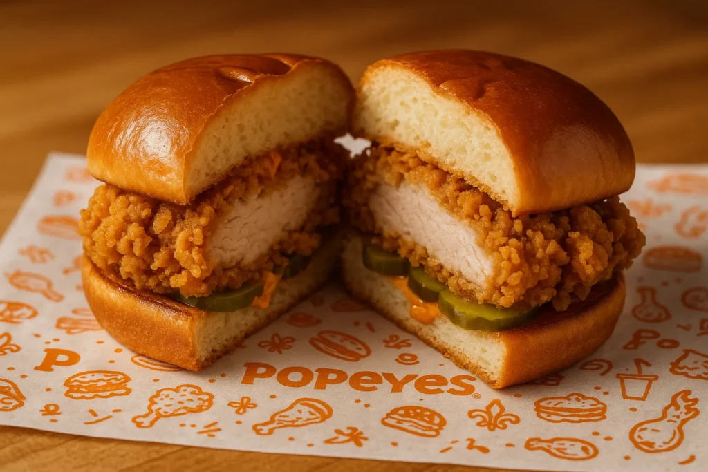 Close-up of the famous Popeyes Chicken Sandwich with brioche bun and spicy mayo.