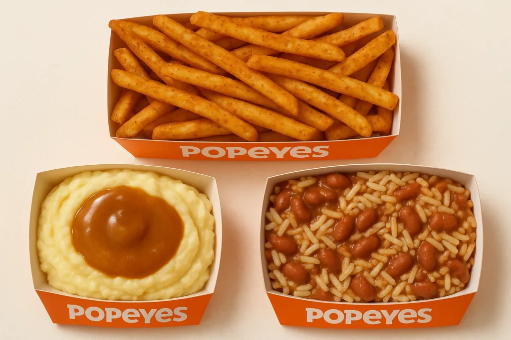 Popeyes Cajun fries, mashed potatoes with gravy, and red beans & rice served together.