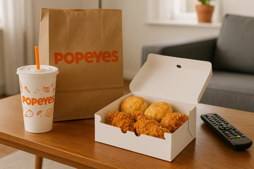 Popeyes Louisiana Kitchen takeout meal with fried chicken and biscuits ready for delivery dining.