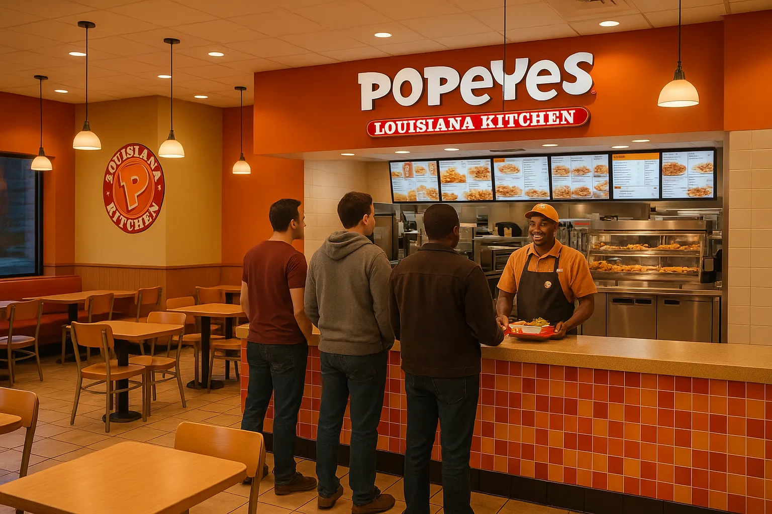 Inside a Popeyes Louisiana Kitchen restaurant showing friendly staff and clean dining area.”