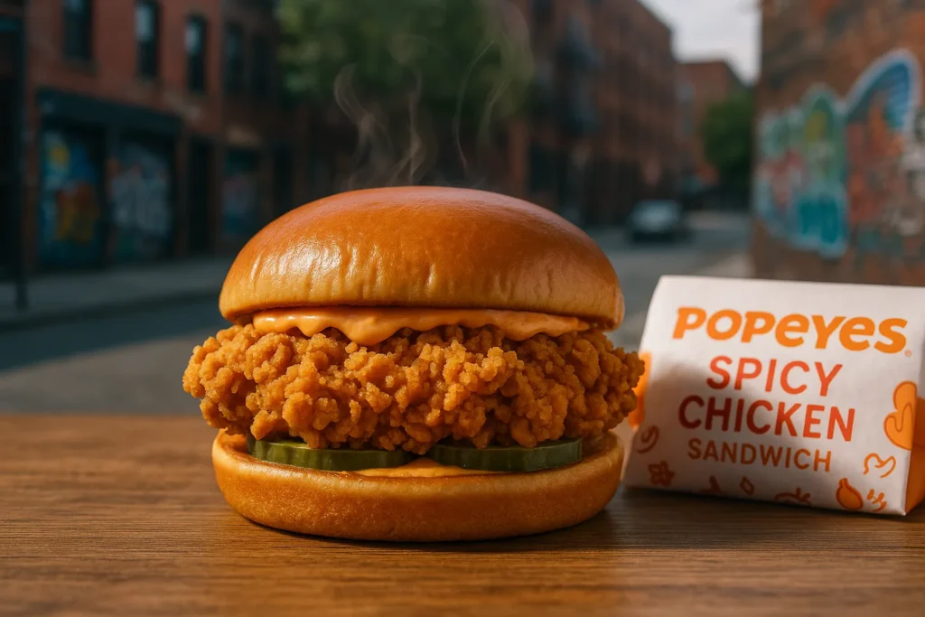 Close-up of the Popeyes Spicy Chicken Sandwich in Brooklyn showing crispy chicken fillet and spicy mayo.