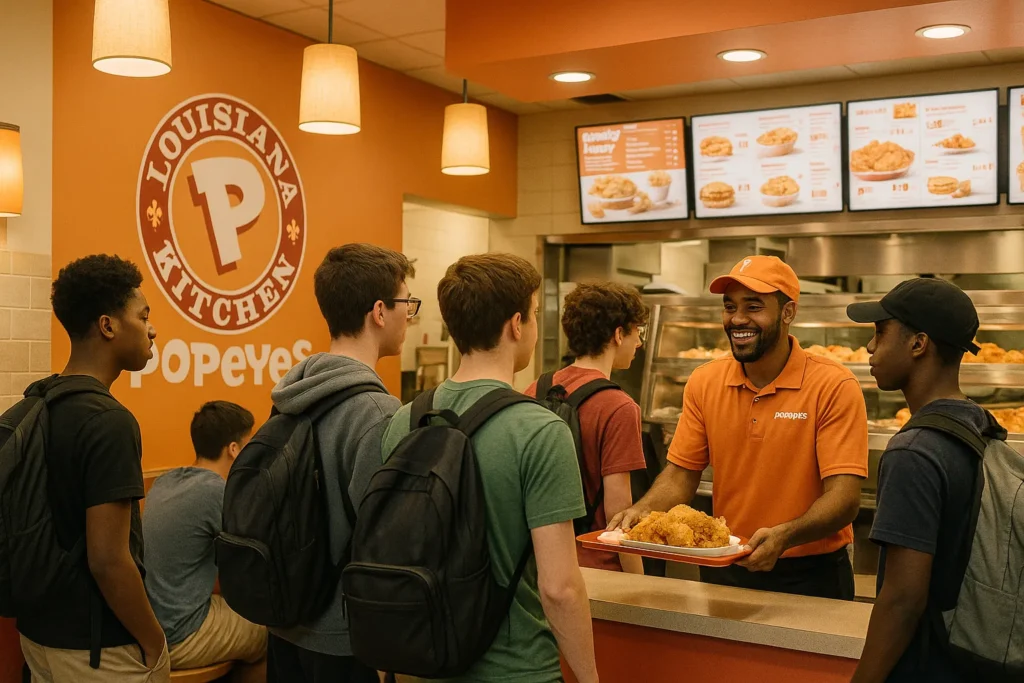 Inside a Popeyes Louisiana Kitchen in Brooklyn with customers ordering and friendly staff serving food.