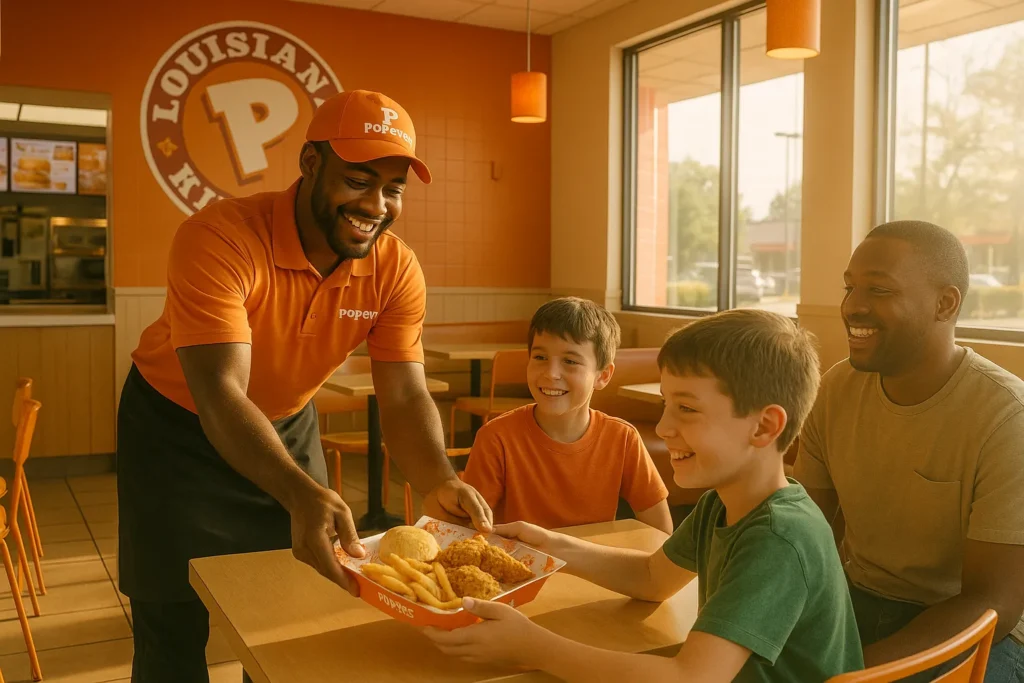 Inside Popeyes Louisiana Kitchen Stone Mountain with friendly staff serving customers in a clean, welcoming dining area.