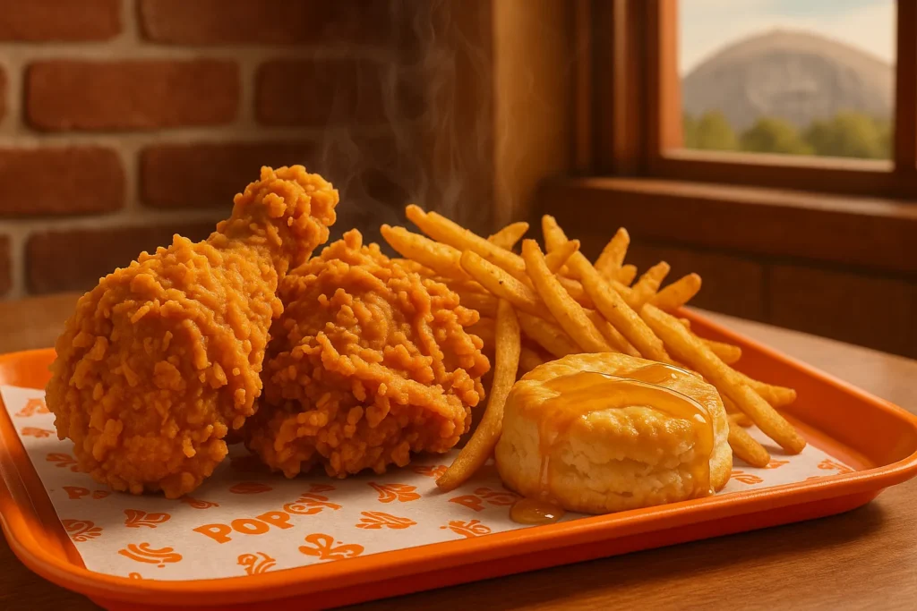 Close-up of Popeyes Spicy Chicken Combo with crispy chicken, Cajun fries, and biscuit served fresh in Stone Mountain