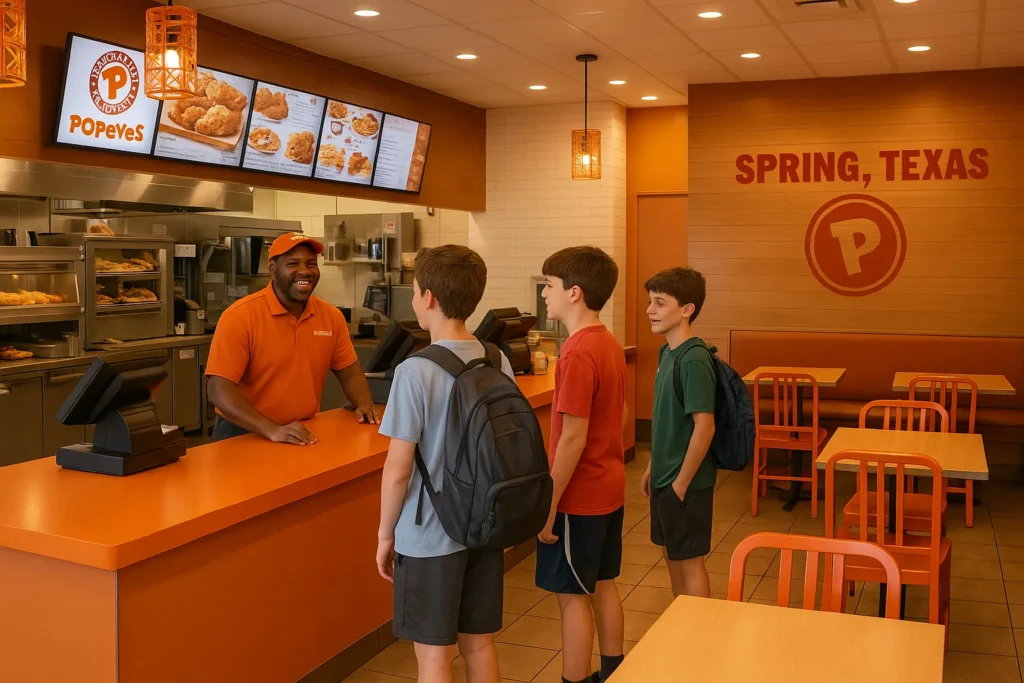 Inside Popeyes Louisiana Kitchen Spring TX showing friendly staff and clean dining area
