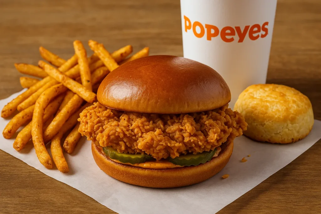 Popeyes spicy chicken sandwich combo with Cajun fries and biscuit – Spring TX reviews