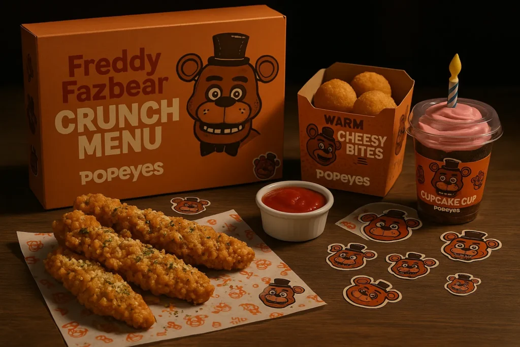 Full Freddy Fazbear Crunch Menu with tenders, Cheesy Bites, marinara dip, and themed packaging.
