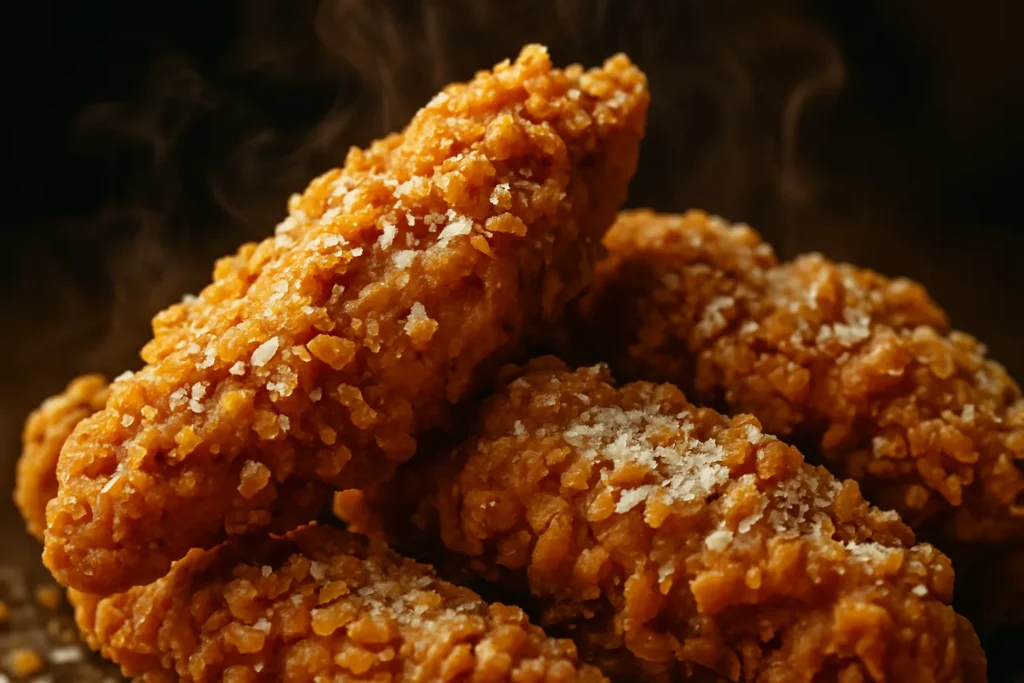 Macro close-up of Popeyes chicken tenders coated in a buttery garlic-parmesan rub. Visible garlic flakes, parmesan dusting, crispy crunchy breading, and warm steam. Moody food-studio lighting with shallow depth of field.