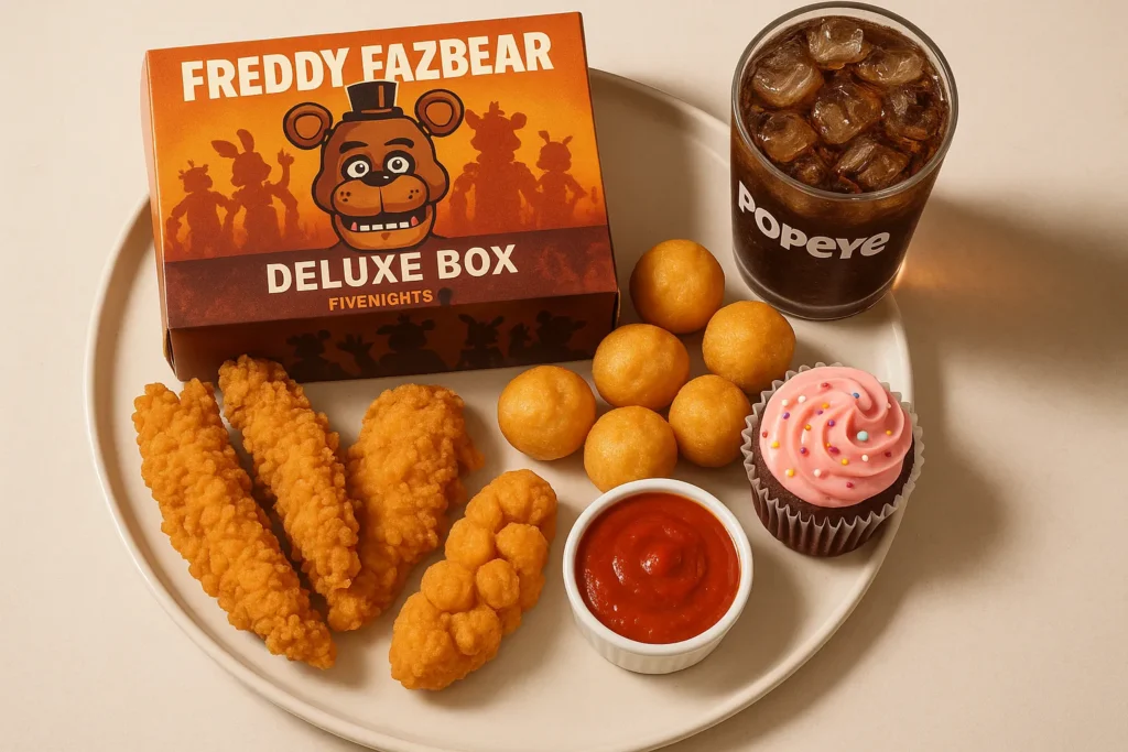 Freddy Fazbear Deluxe Box featuring tenders, Cheesy Bites, marinara, pink cupcake, and drink.