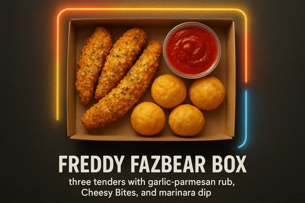 Standard Freddy Fazbear Box with tenders, Cheesy Bites, and marinara.