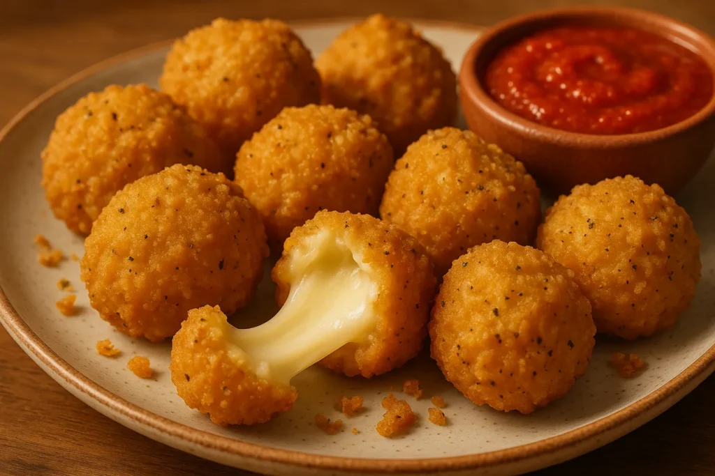 Golden crispy Cheesy Bites with melted cheddar and garlic crust.