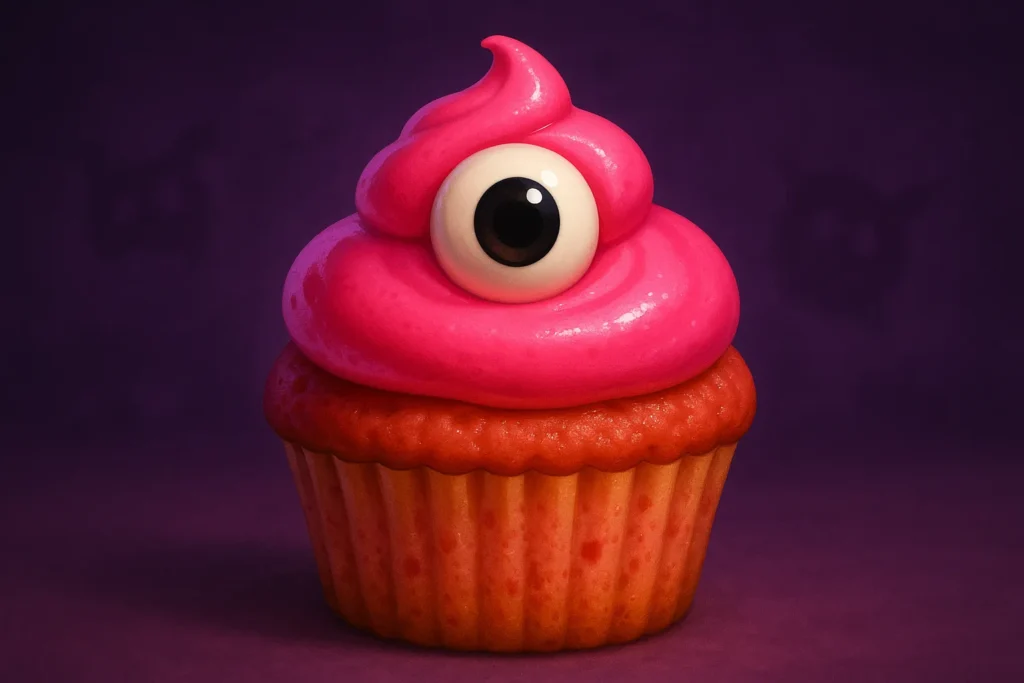 Strawberry Cupcake Cup with bright pink icing, inspired by Five Nights at Freddy’s.