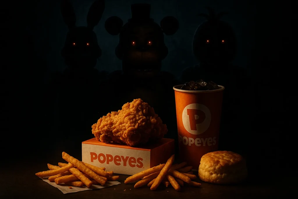 Movie-inspired image showing Popeyes menu items with Five Nights at Freddy’s silhouettes.