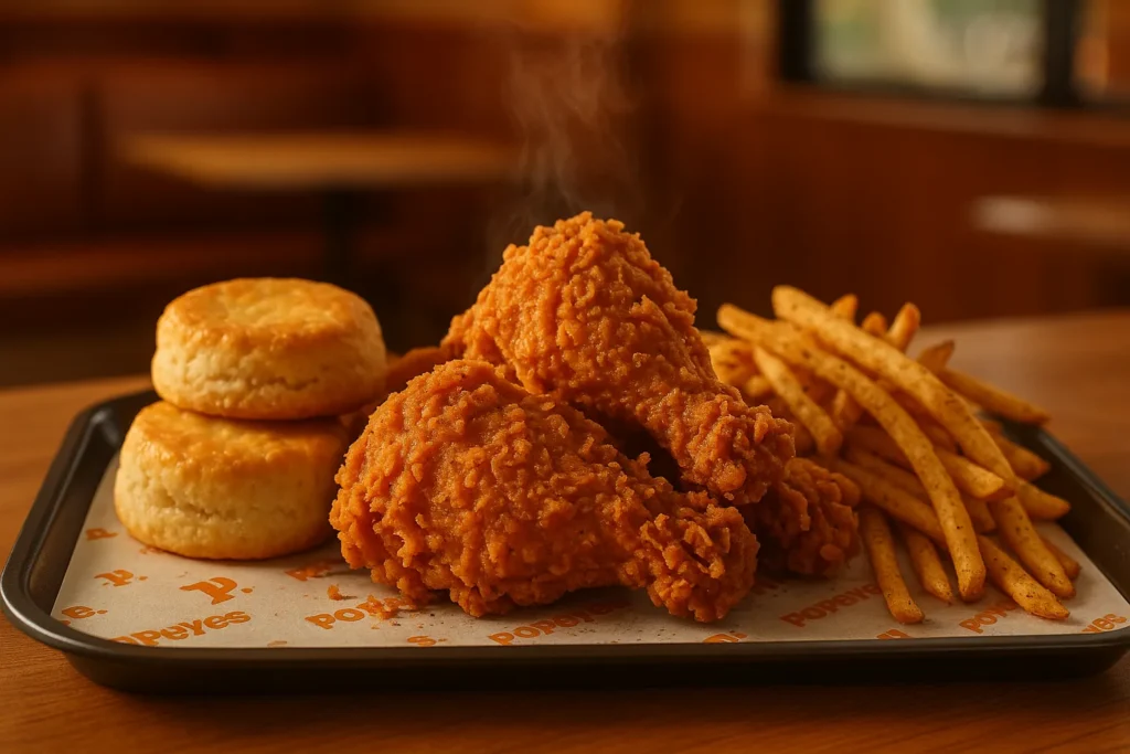 Spicy Popeyes chicken, biscuits, and Cajun fries served on a tray inside an Austin Popeyes restaurant.