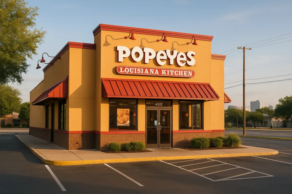 Exterior view of a Popeyes Louisiana Kitchen restaurant in Austin, Texas.
