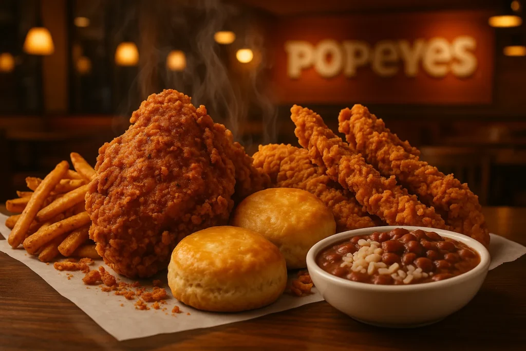 Popeyes spicy chicken, biscuits, and Cajun sides served fresh at a San Antonio location.