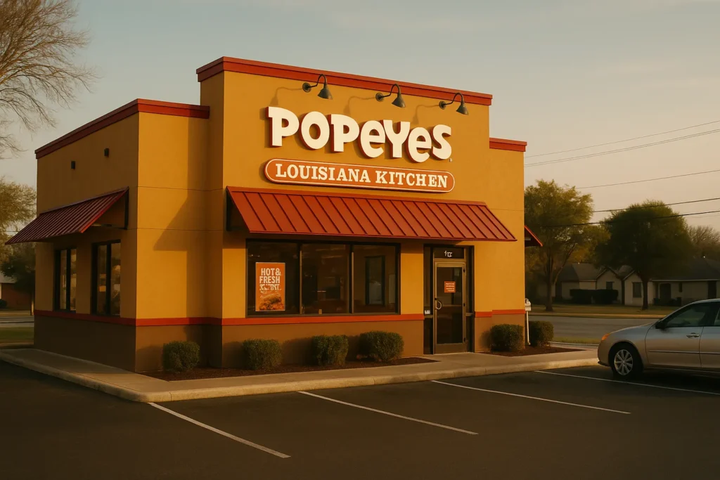 Exterior view of a Popeyes Louisiana Kitchen restaurant in San Antonio, Texas.