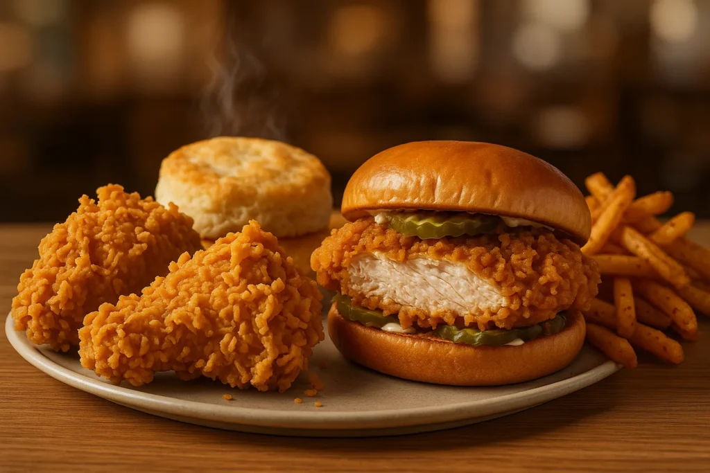 Close-up photo of Popeyes spicy chicken, chicken sandwich, biscuits, and Cajun fries showing crispy texture and warm lighting.