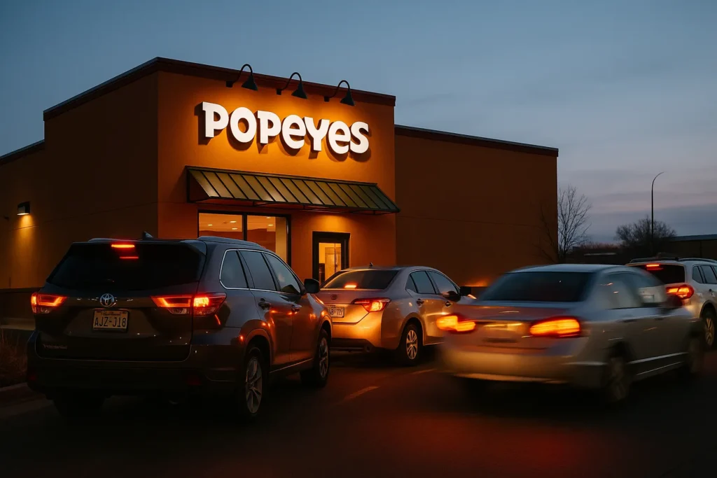 Cars waiting in line at a Popeyes drive-thru, representing the common wait-time complaints in Broomfield reviews.