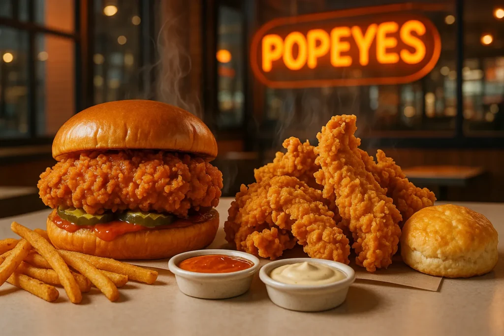Popeyes spicy chicken sandwich, tenders, fries, and biscuits fresh at a Chicago location.