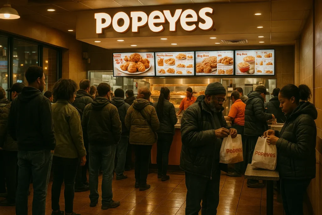 Customers waiting in line at a busy Popeyes restaurant in Chicago during peak hours.