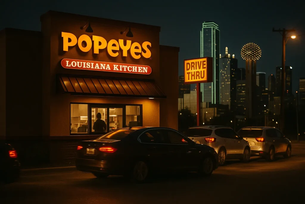 Popeyes Dallas drive-thru with multiple cars waiting during evening hours.