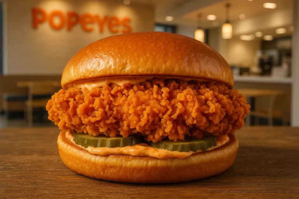 Close-up of Popeyes Spicy Chicken Sandwich showing crispy texture and fresh ingredients.