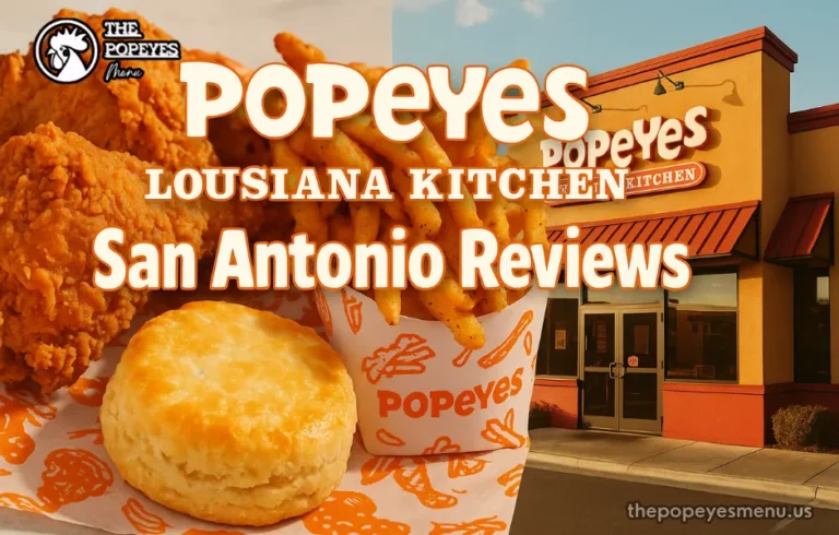 Cover image of Popeyes Louisiana Kitchen San Antonio Reviews showing Popeyes fried chicken, biscuits, and a San Antonio Popeyes storefront with review title text.