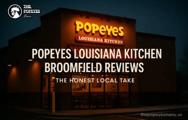 Cover of Popeyes Louisiana Kitchen Broomfield Reviews showing Front view of Popeyes Louisiana Kitchen Broomfield with warm lighting and title text overlay for article cover.