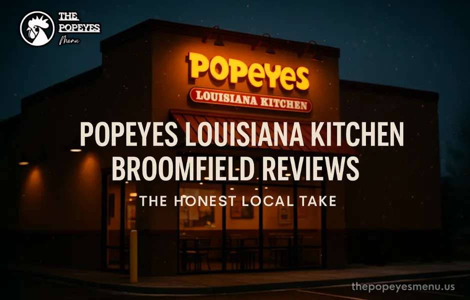 Cover of Popeyes Louisiana Kitchen Broomfield Reviews showing Front view of Popeyes Louisiana Kitchen Broomfield with warm lighting and title text overlay for article cover.