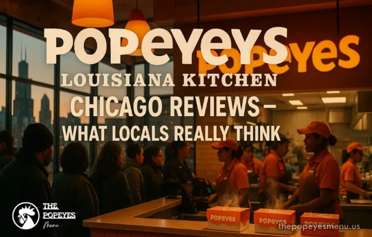 Cover of Popeyes Louisiana Kitchen Chicago Reviews showing Busy Popeyes Louisiana Kitchen in Chicago with customers in line and Chicago skyline in the background, used as the cover image for a review article