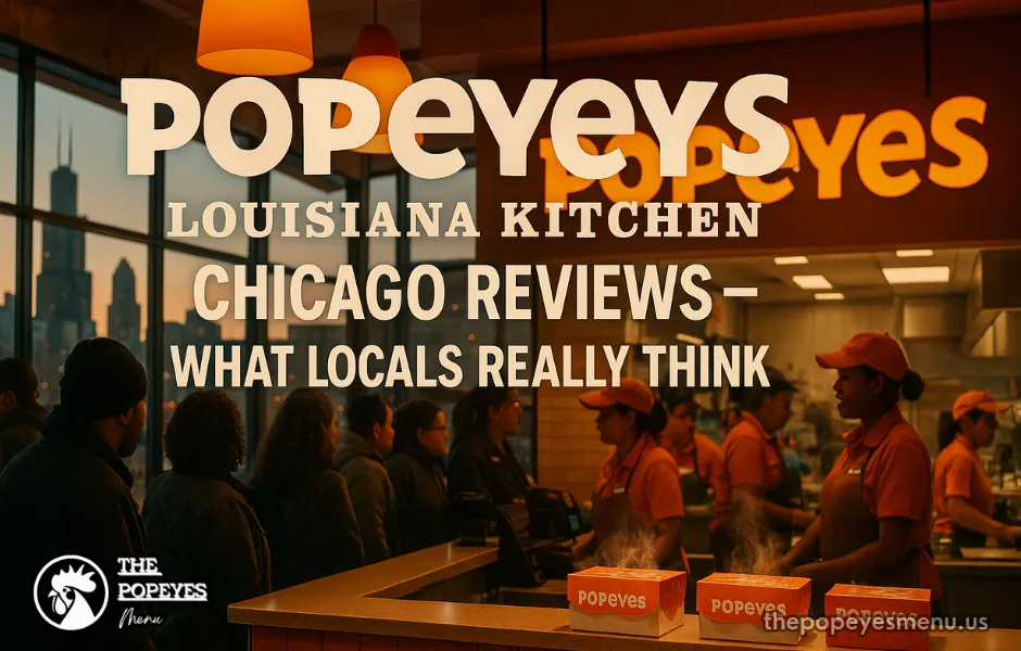 Cover of Popeyes Louisiana Kitchen Chicago Reviews showing Busy Popeyes Louisiana Kitchen in Chicago with customers in line and Chicago skyline in the background, used as the cover image for a review article
