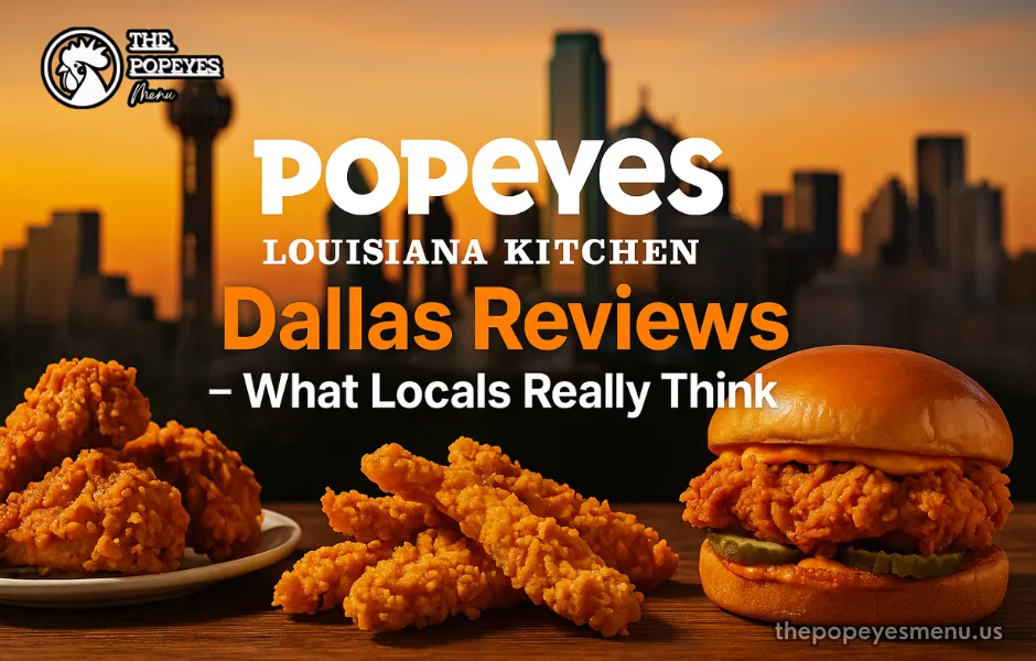 Cover image of Popeyes Louisiana Kitchen Dallas Reviews showing Popeyes fried chicken, tenders, and chicken sandwich with the Dallas skyline in the background, and article title written on the image.