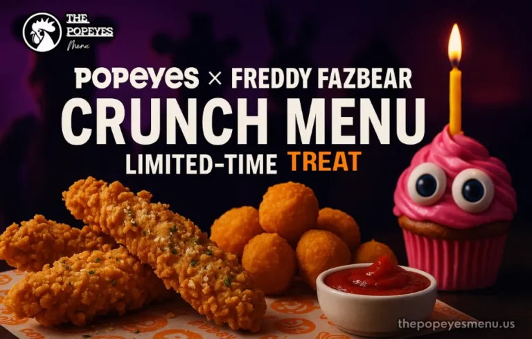 Cover image of Popeyes × Freddy Fazbear Crunch Menu featuring garlic-parmesan tenders, Cheesy Bites, marinara dip, and FNaF-inspired cupcake with neon pizzeria lighting.
