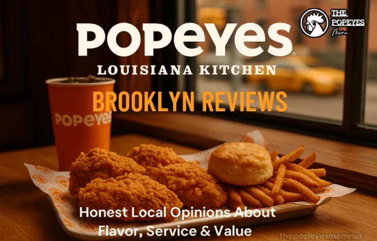 Popeyes Louisiana Kitchen Brooklyn meal with fried chicken, biscuits, and fries served by a New York window – cover image for Explore the best Popeyes Louisiana Kitchen Brooklyn Reviews.