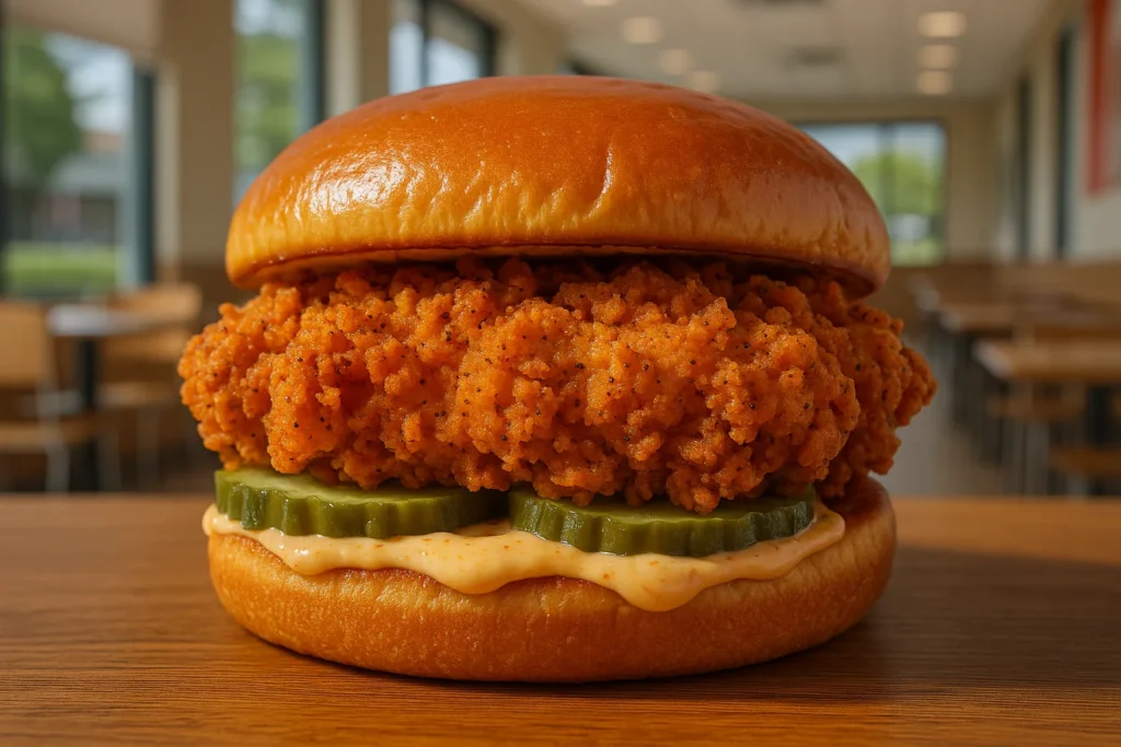 Close-up of Popeyes Spicy Chicken Sandwich showing crispy chicken and fresh ingredients.