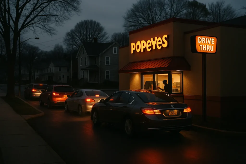 Cars lined up in the Popeyes Newton drive-thru during busy evening hours.