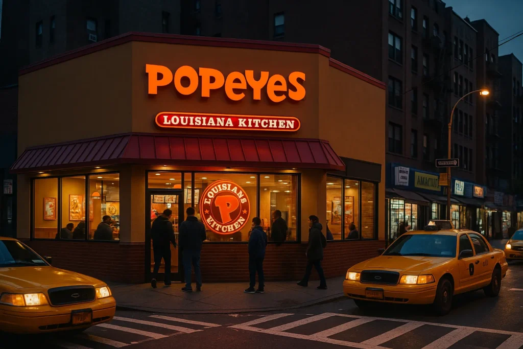 Evening view of a Popeyes in The Bronx with customers outside and glowing signage.