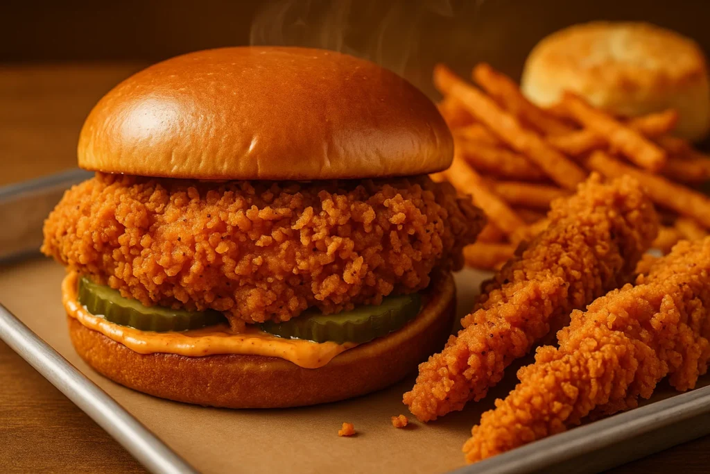 Close-up image of Popeyes spicy chicken sandwich and tenders showing crispy Cajun seasoning.
