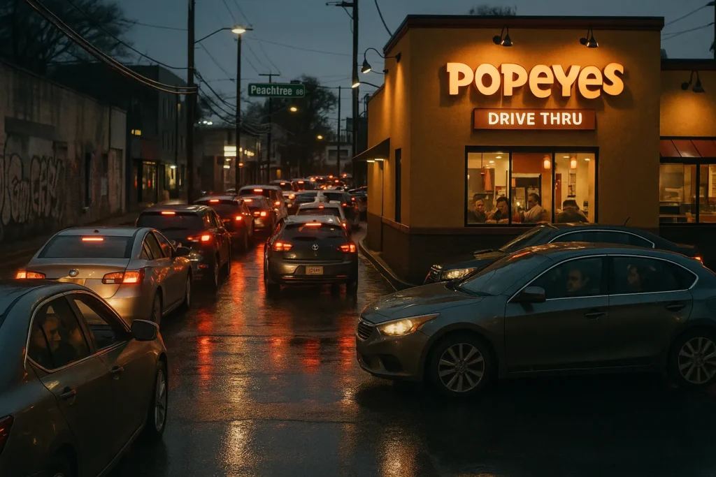Long line of cars waiting in a crowded Atlanta Popeyes drive-thru during evening rush.