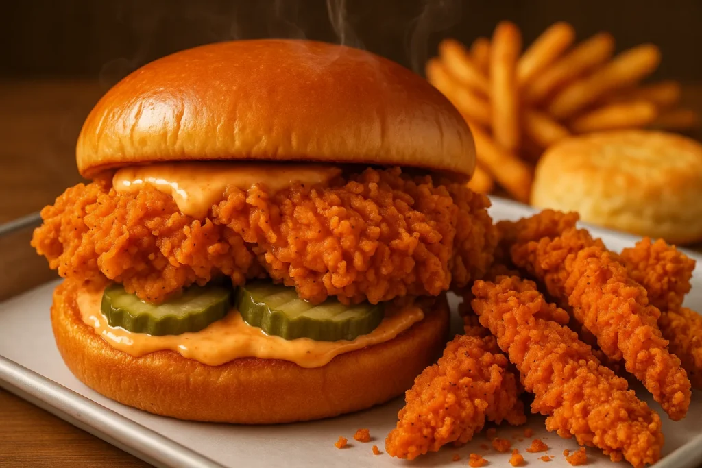 Close-up of Popeyes spicy chicken sandwich with crispy Cajun breading and spicy tenders.