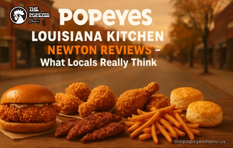 Cover image of Popeyes Louisiana Kitchen Newton Reviews showing Popeyes chicken, tenders, fries, and biscuits with Newton suburban background and the article title written on the image.