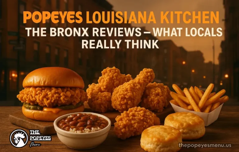 Cover banner of Popeyes Louisiana Kitchen The Bronx Reviews showing Popeyes chicken and sides with a Bronx street background and article title text.