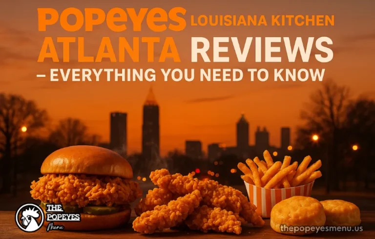 Cover banner of Popeyes Louisiana Kitchen Atlanta Reviews showing Popeyes chicken and sides with a blurred Atlanta skyline and article title text.