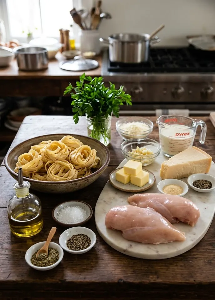 Ingredients for a Homemade Chicken Alfredo Recipe
