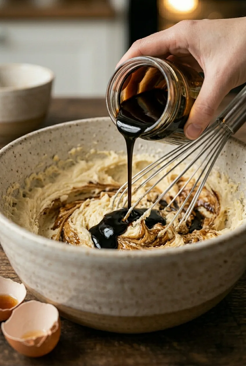 3. Put in the egg, molasses, and vanilla.